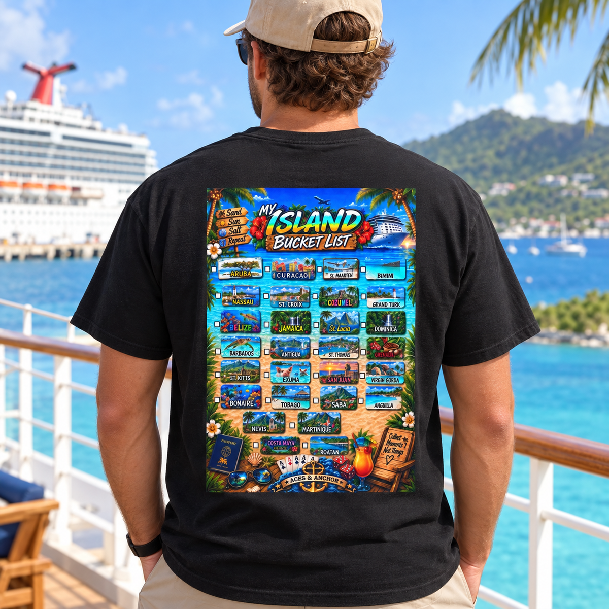 Black Caribbean Island Bucket List T-shirt on model, back view