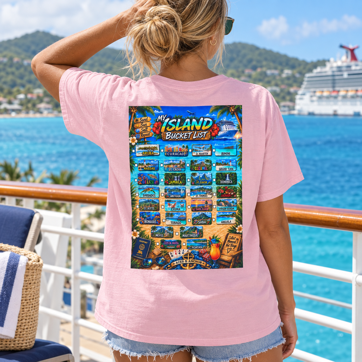 Blossom Caribbean Island Bucket List T-shirt on woman, back view