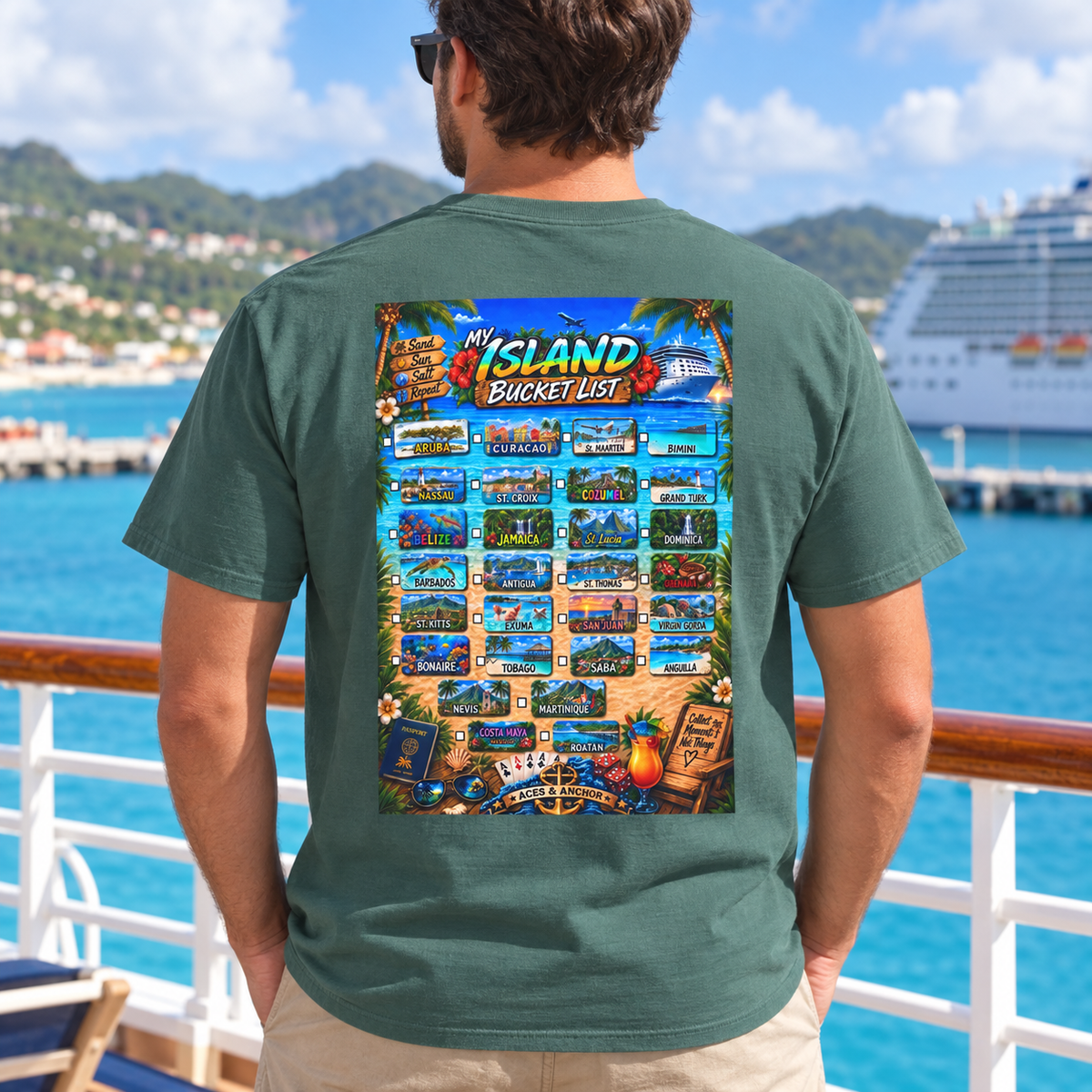 Blue Spruce Caribbean Island Bucket List T-shirt on model, back view
