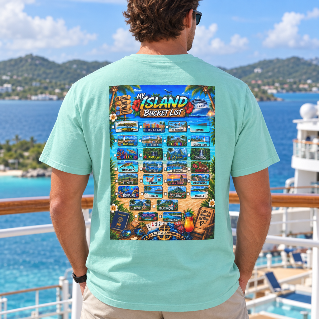 Chalky Mint Caribbean Island Bucket List T-shirt on model, back view