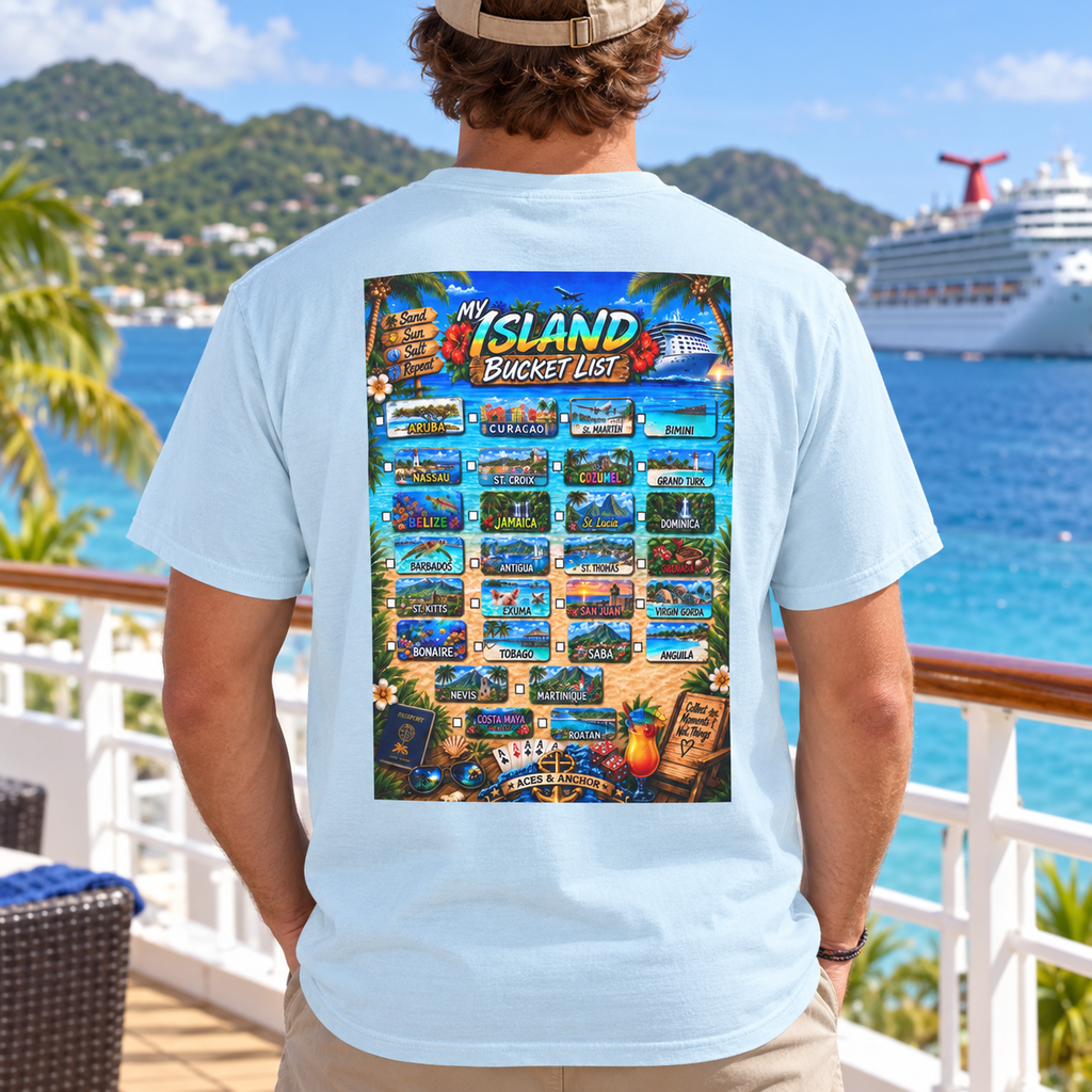Chambray Caribbean Island Bucket List T-shirt on model, back view