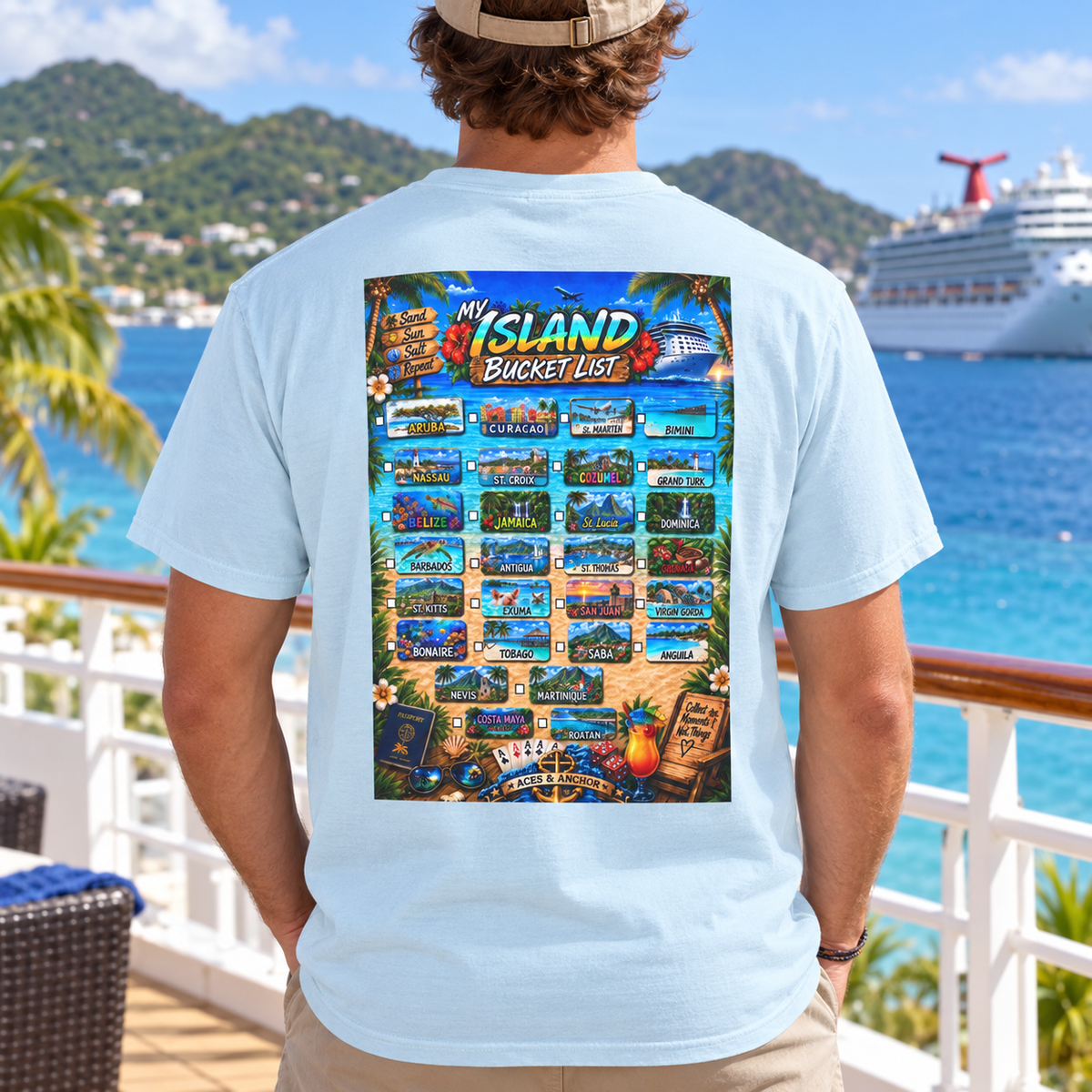 Chambray Caribbean Island Bucket List T-shirt on model, back view