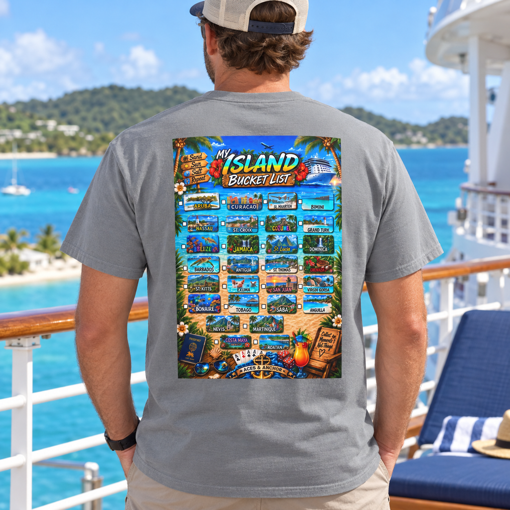 Grey Caribbean Island Bucket List T-shirt on model, back view