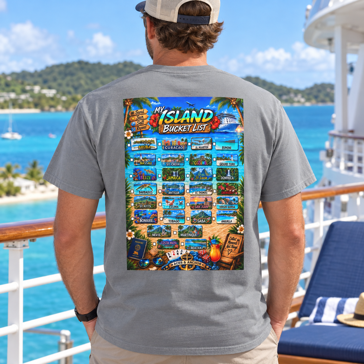 Grey Caribbean Island Bucket List T-shirt on model, back view
