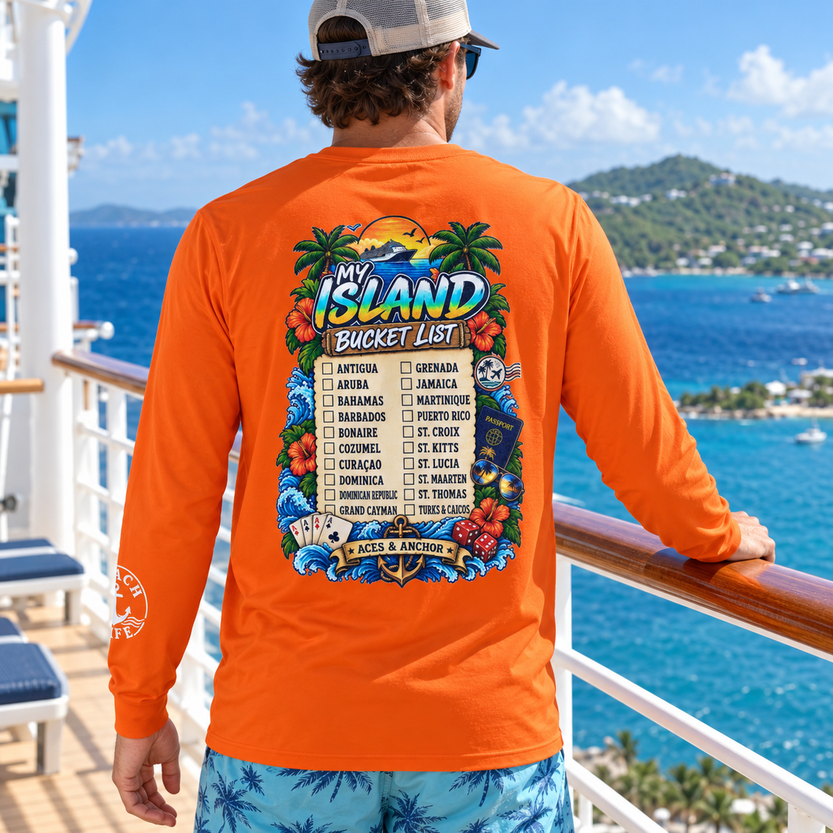 Male model wearing the Caribbean Island Bucket List long-sleeve shirt, back view
