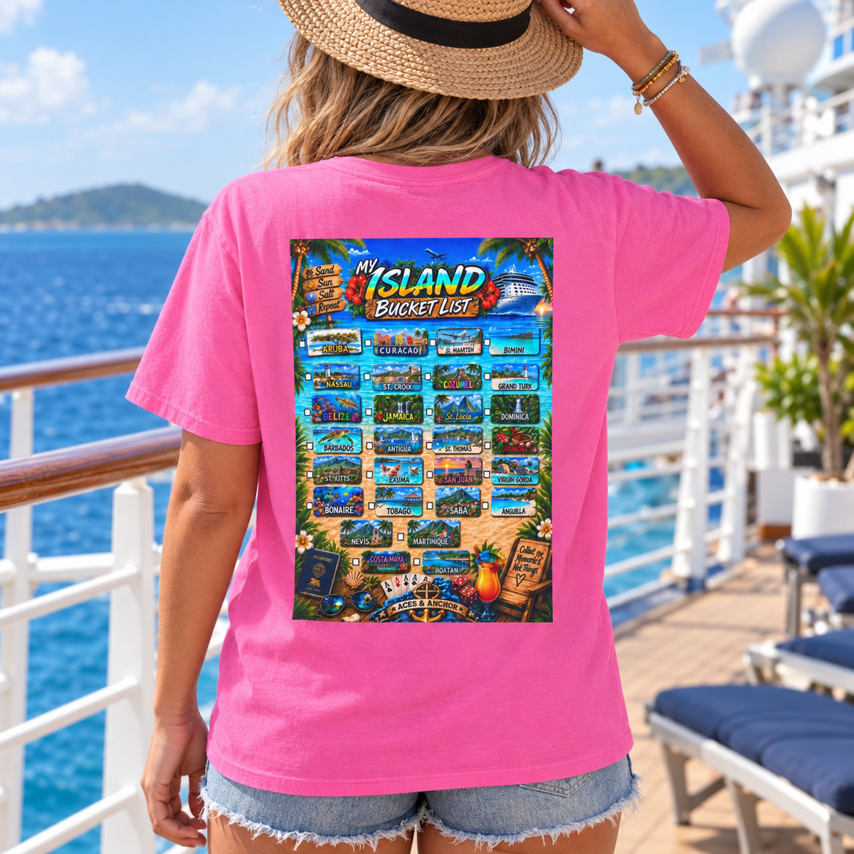 Neon Pink Caribbean Island Bucket List T-shirt on woman, back view