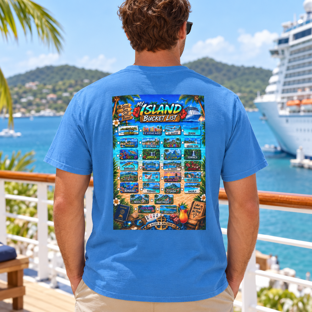 Royal Caribe Caribbean Island Bucket List T-shirt on model, back view