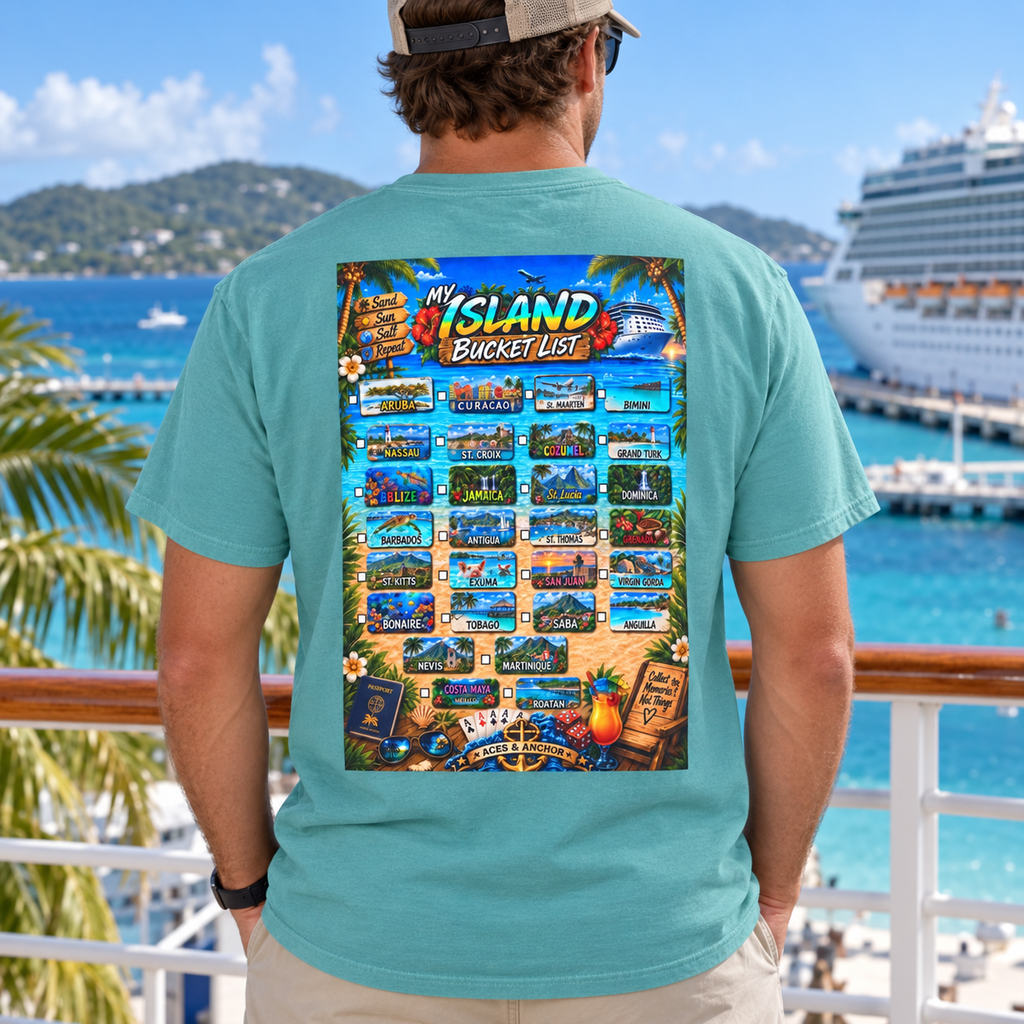 Seafoam Caribbean Island Bucket List T-shirt on model, back view
