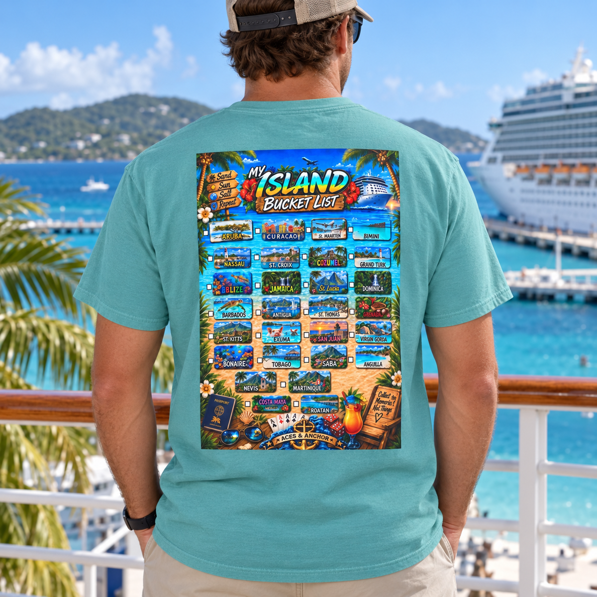 Seafoam Caribbean Island Bucket List T-shirt on model, back view