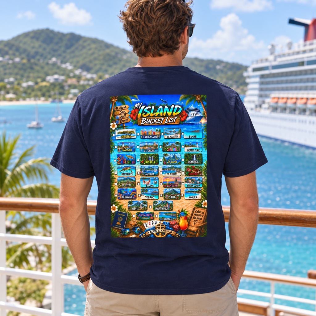 True Navy Caribbean Island Bucket List T-shirt on model, back view