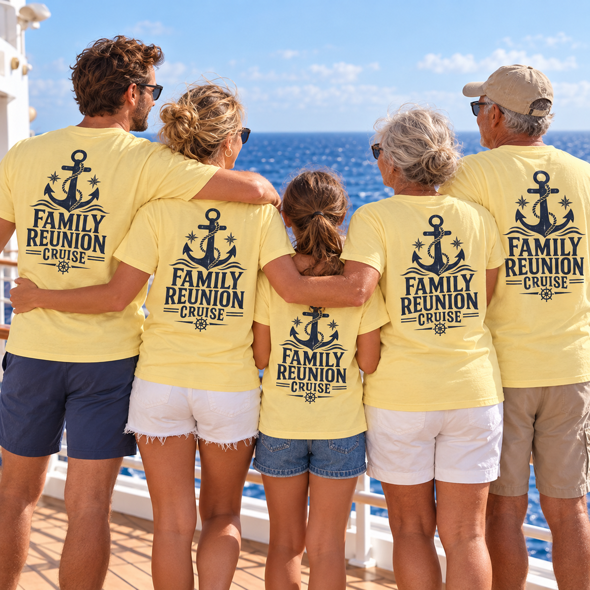 Family wearing matching yellow Family Reunion Cruise shirts on a cruise ship deck