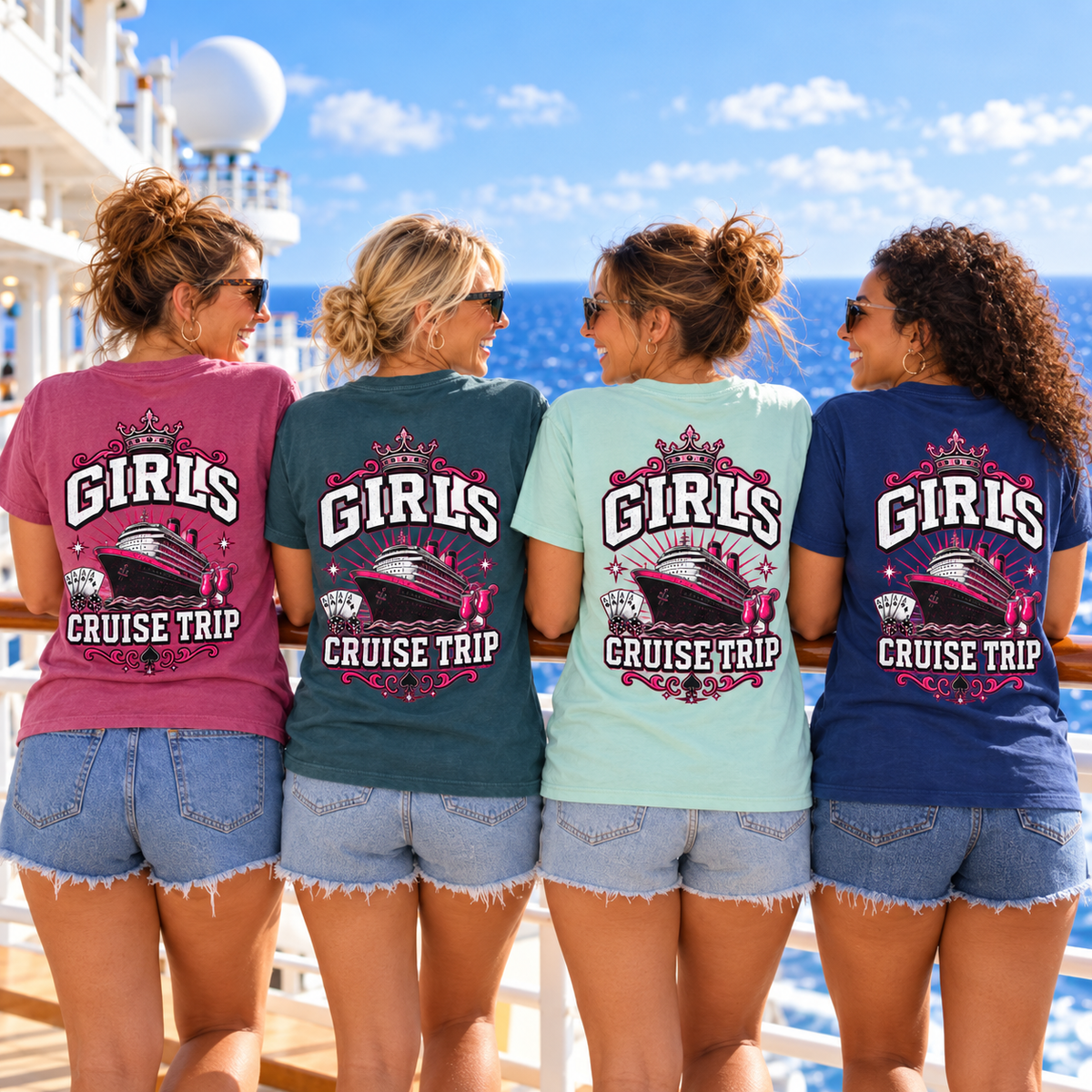Four women wearing Girls Cruise Trip shirts in Berry, Blue Spruce, Seafoam, and True Navy.