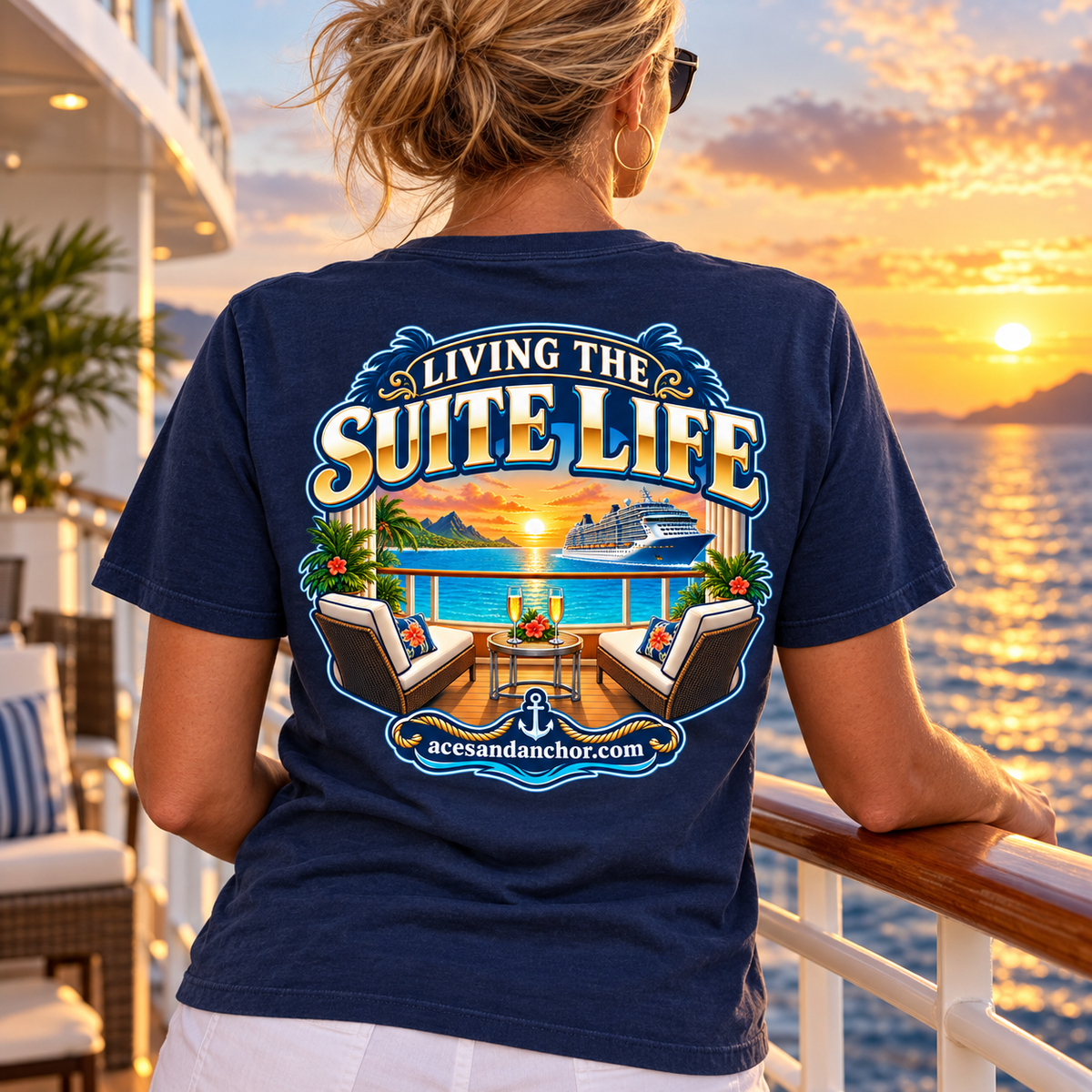Woman wearing Living the Suite Life Aces & Anchor T-shirt, back view