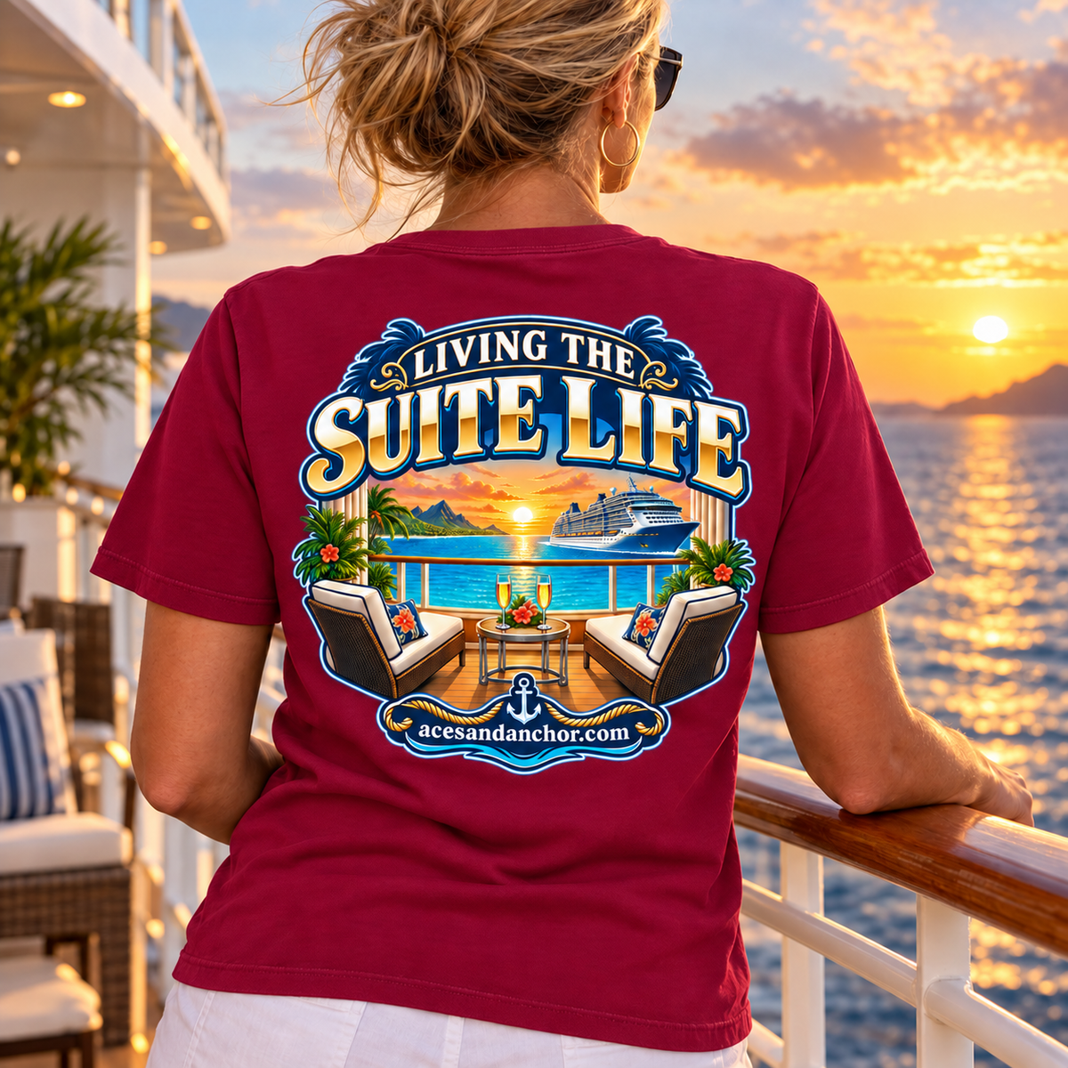 Woman wearing Living the Suite Life T-shirt in Berry, back view