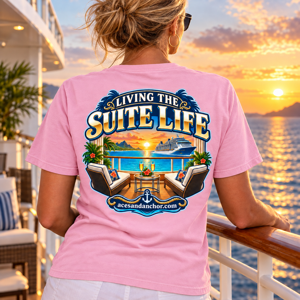 Woman wearing Living the Suite Life T-shirt in Blossom, back view