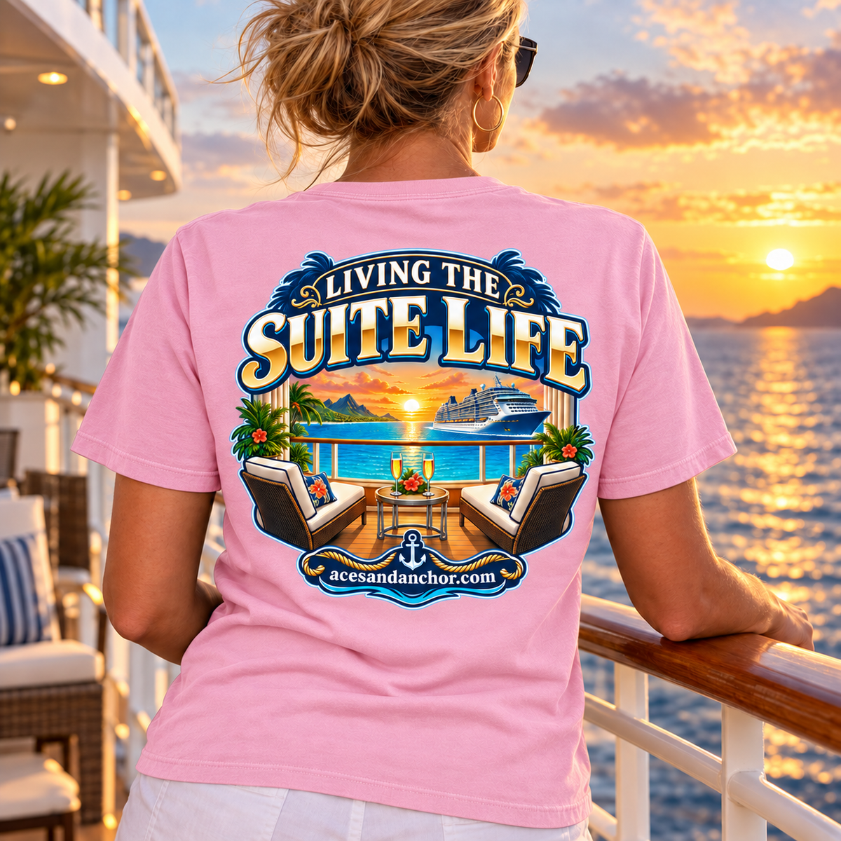 Woman wearing Living the Suite Life T-shirt in Blossom, back view