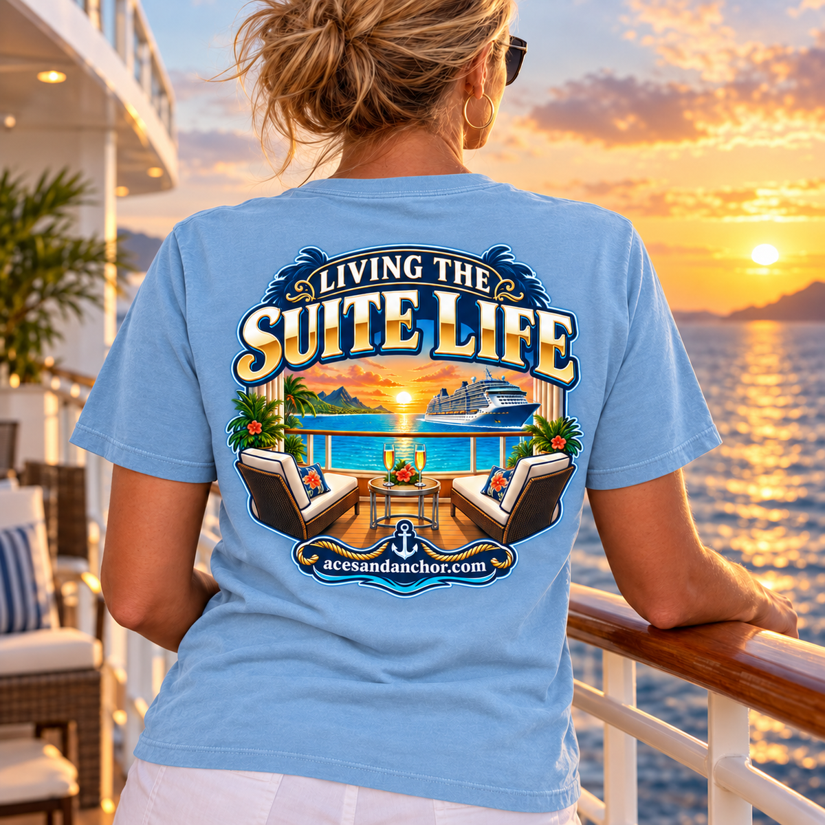 Woman wearing Living the Suite Life T-shirt in Chambray, back view