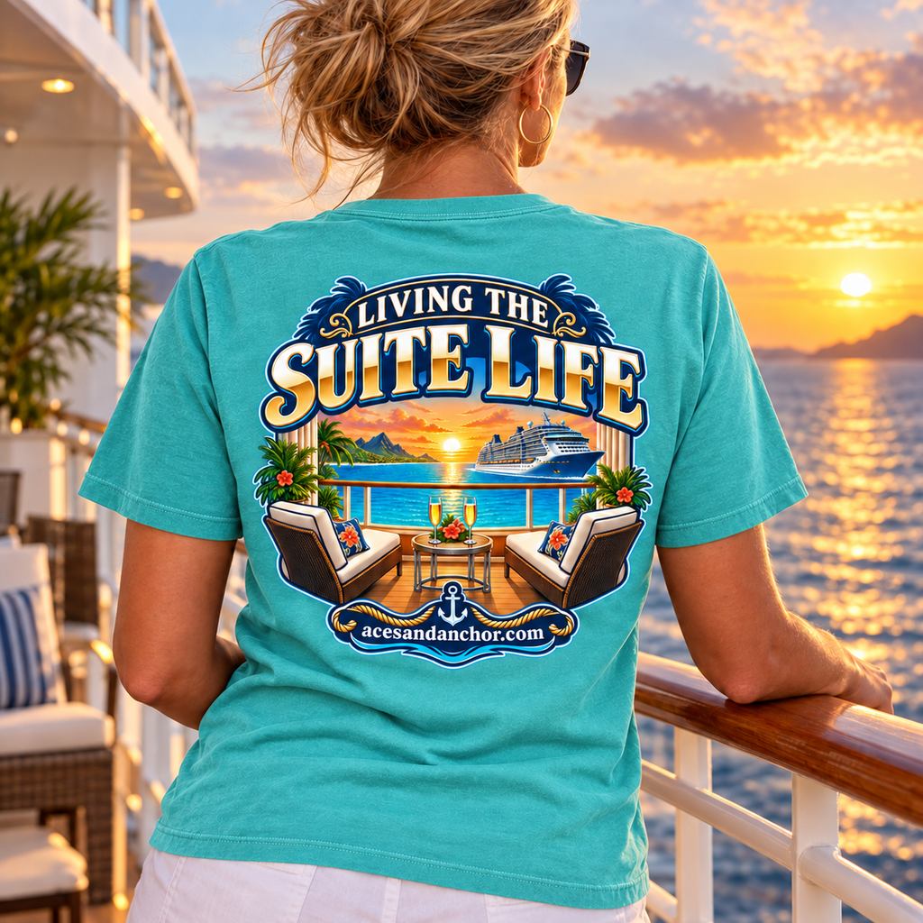 Woman wearing Living the Suite Life T-shirt in Island Reef, back view