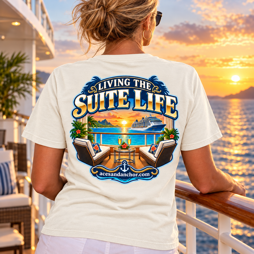 Woman wearing Living the Suite Life T-shirt in Ivory, back view
