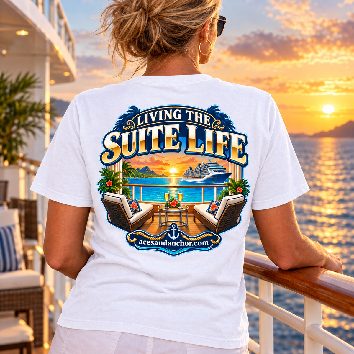 Woman wearing Living the Suite Life T-shirt in White, back view