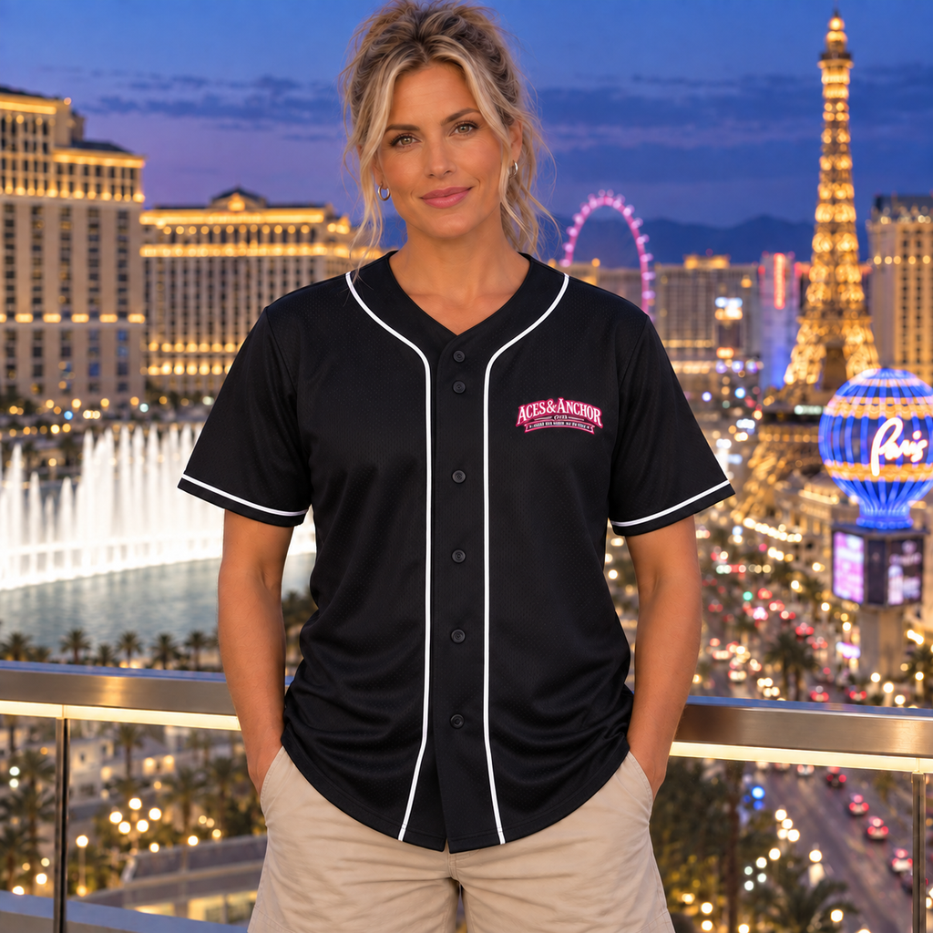 Woman wearing Aces & Anchor Pink Ace black baseball jersey, front view