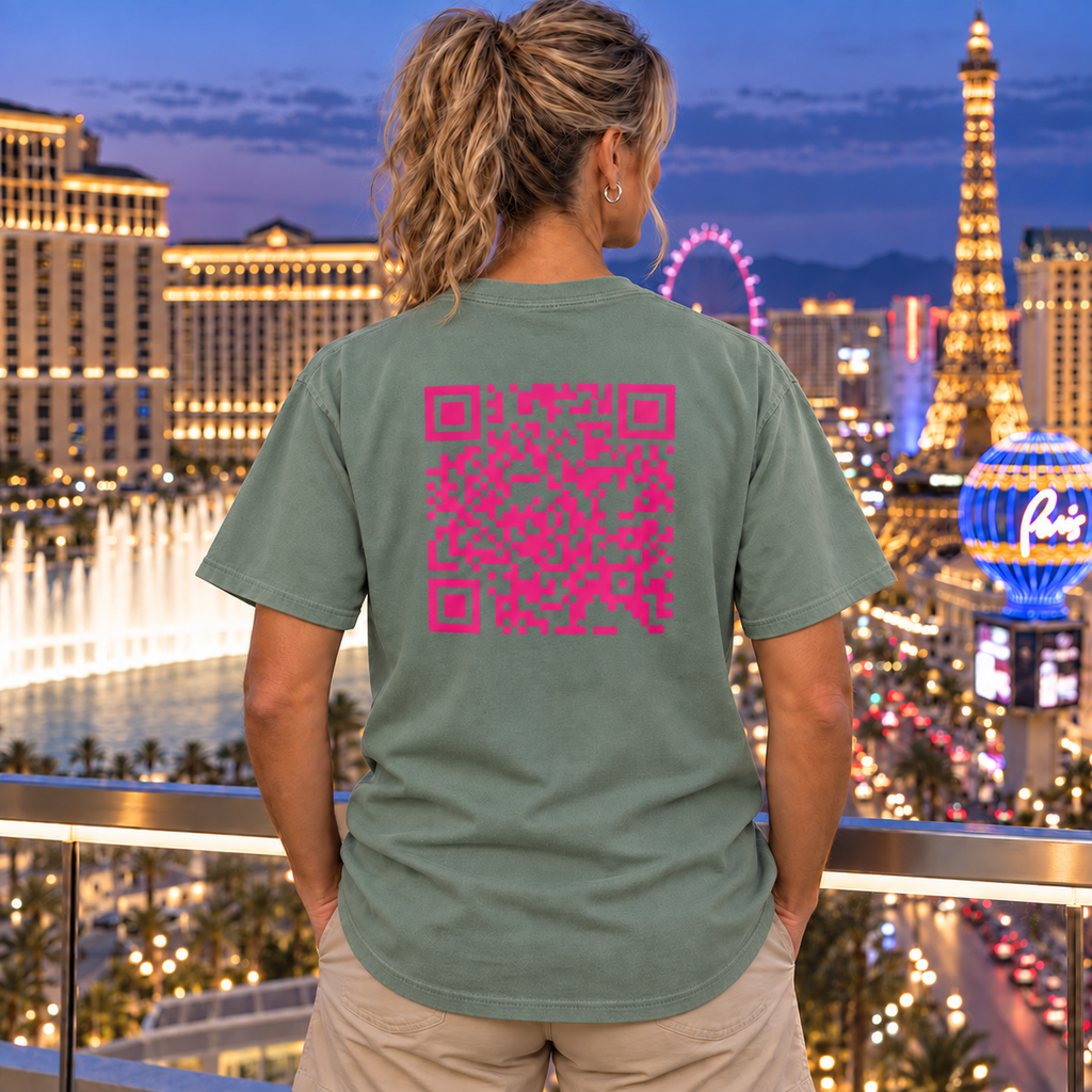 Woman wearing Pink QR Code T-shirt in Bay, back view
