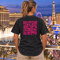 Woman wearing Pink QR Code T-shirt in Black, back view