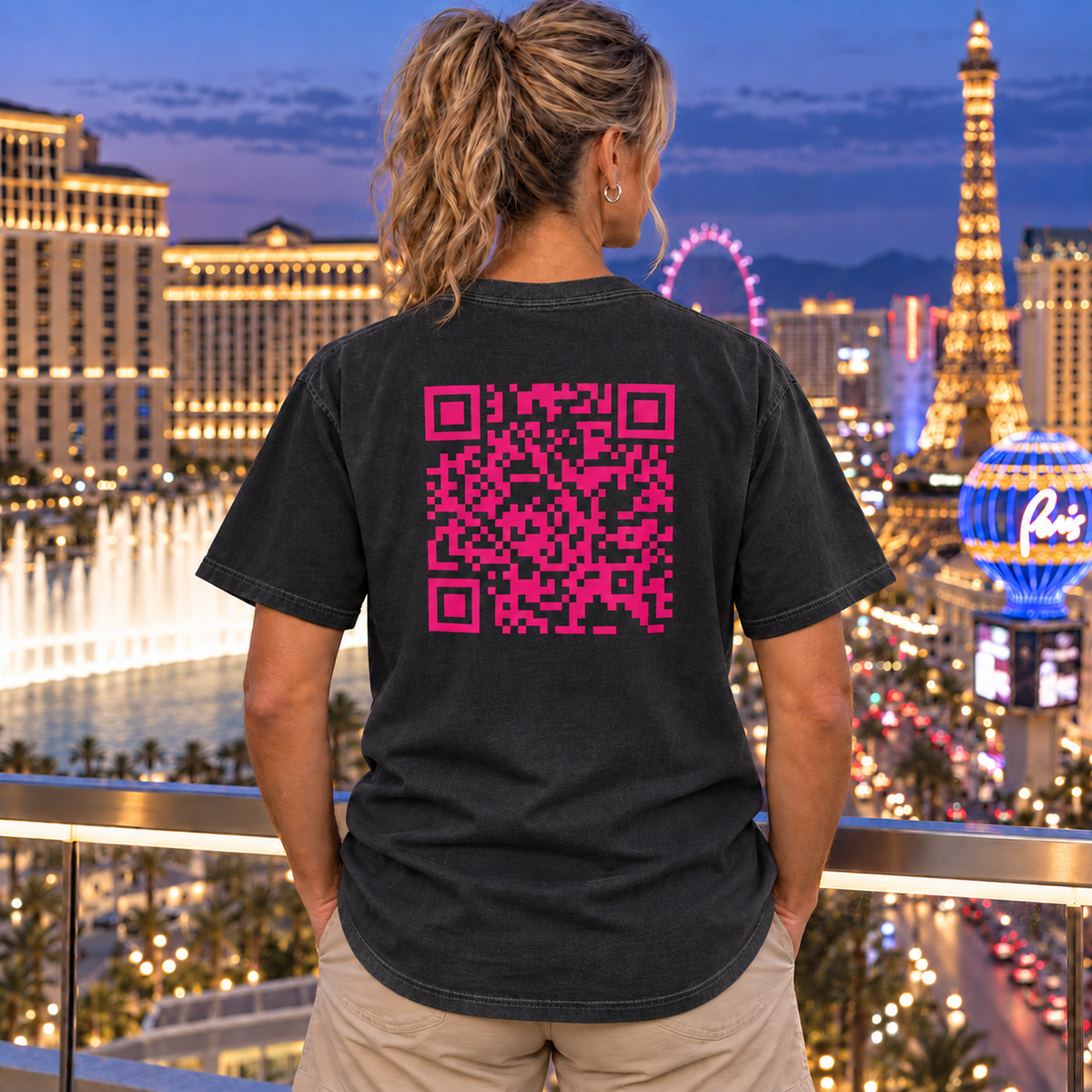 Woman wearing Pink QR Code T-shirt in Black, back view
