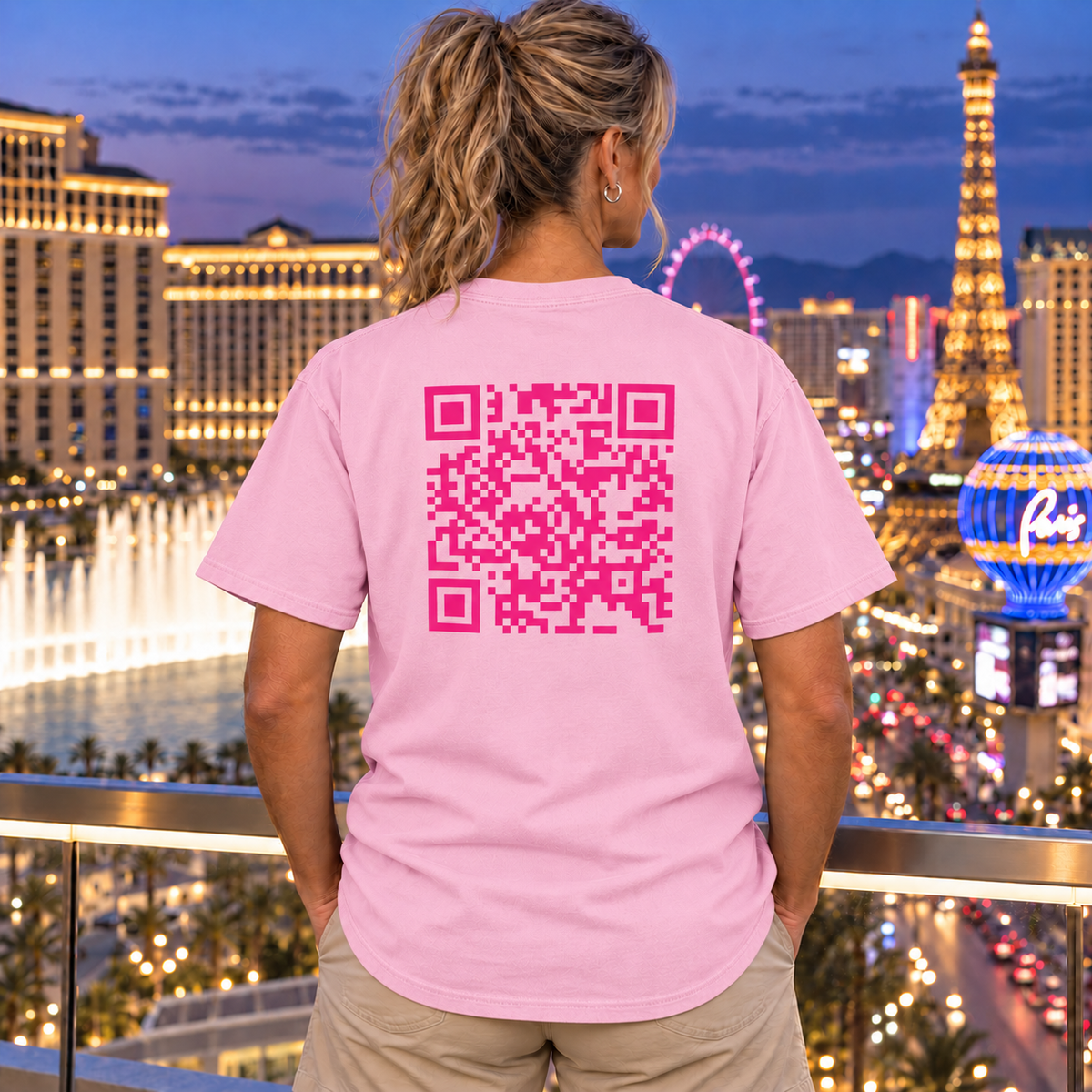 Woman wearing Pink QR Code T-shirt in Blossom, back view