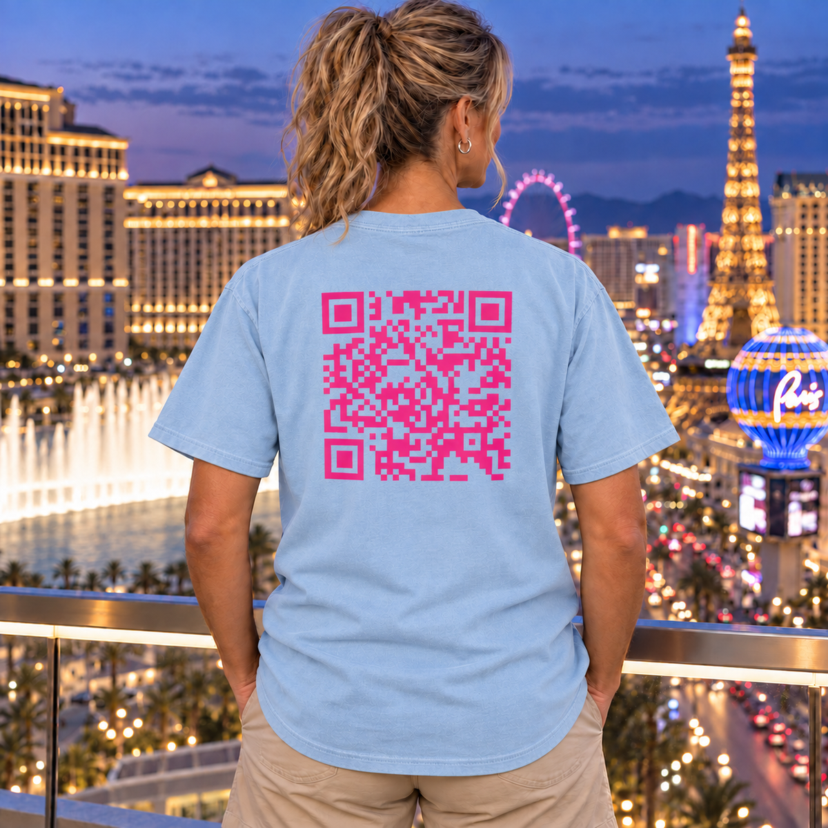 Woman wearing Pink QR Code T-shirt in Chambray, back view