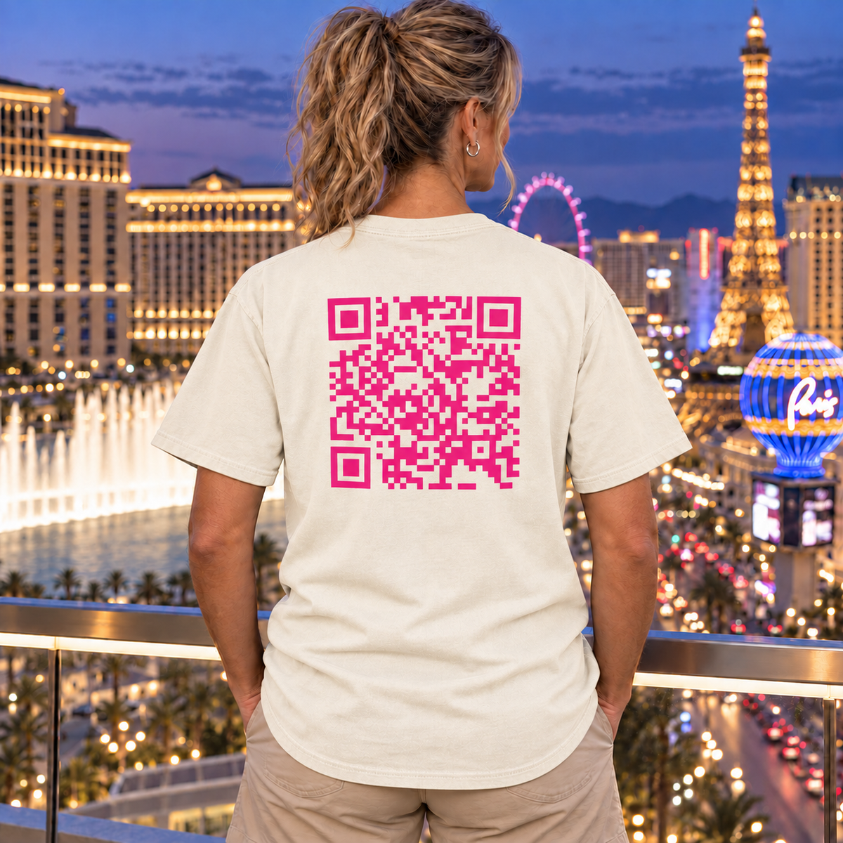 Woman wearing Pink QR Code T-shirt in Ivory, back view