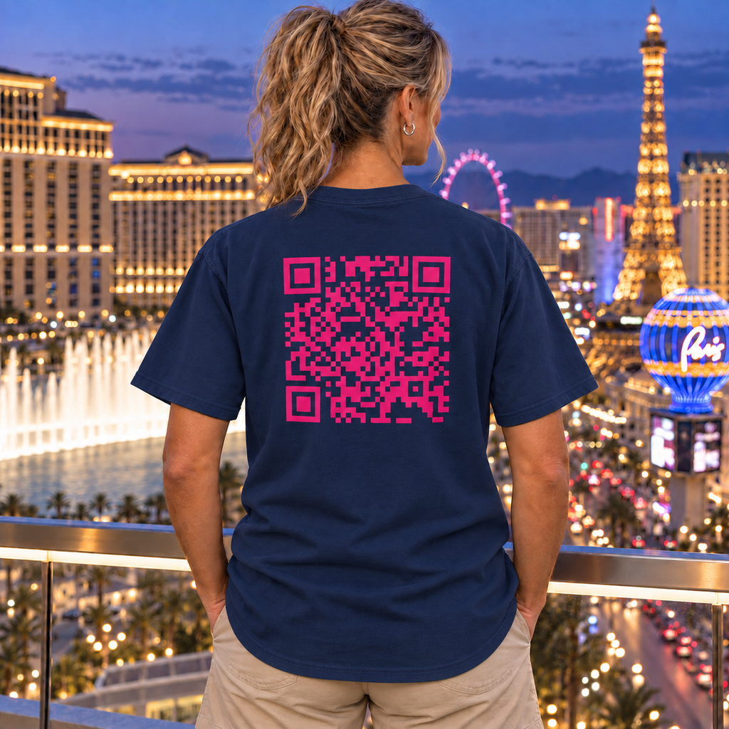 Woman wearing Pink QR Code T-shirt in True Navy, back view