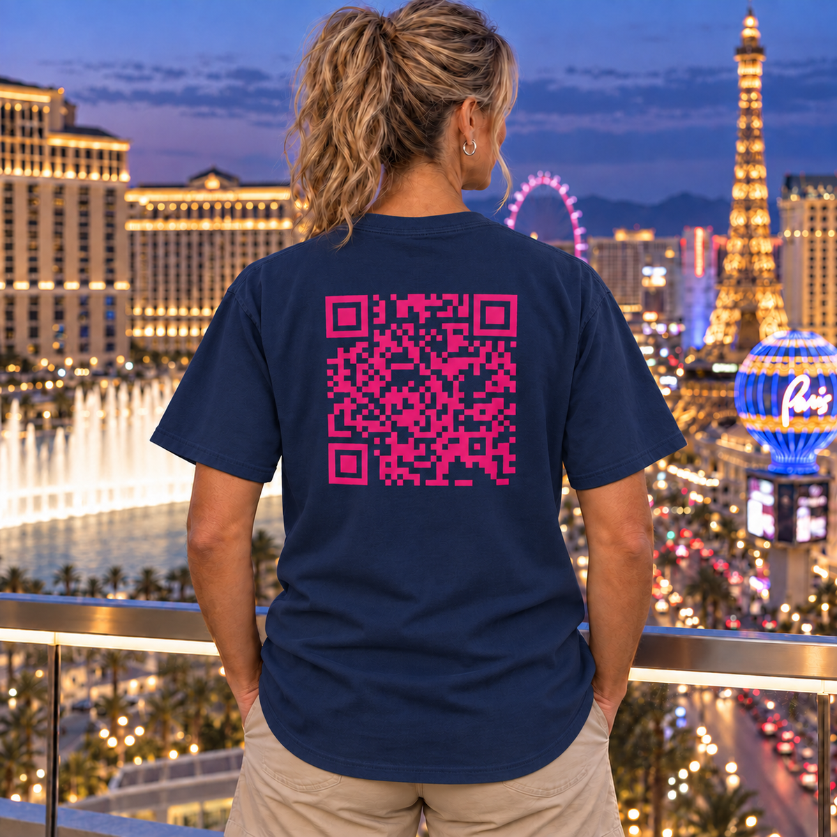 Woman wearing Pink QR Code T-shirt in True Navy, back view