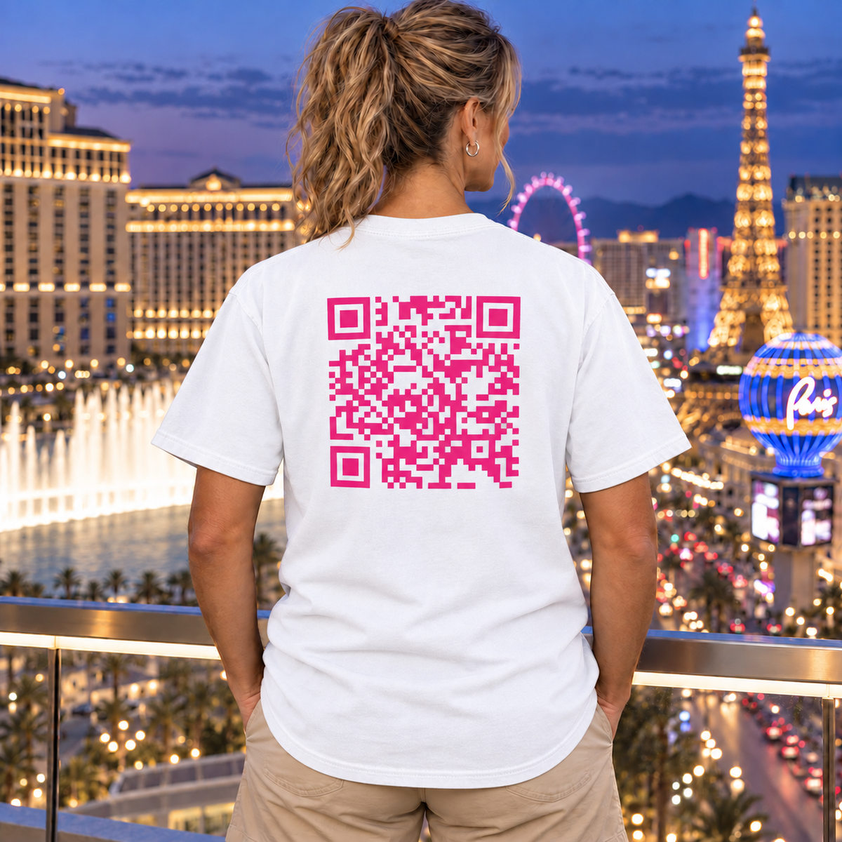 Woman wearing Pink QR Code T-shirt in White, back view