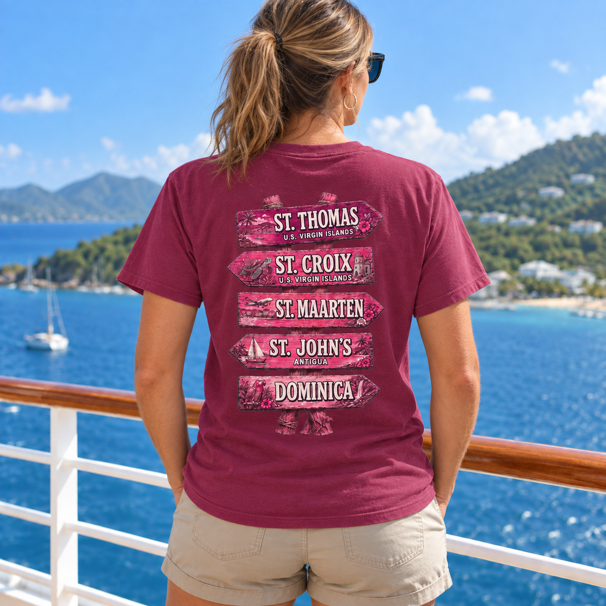 Woman wearing Southern Caribbean List T-shirt in Berry, back view