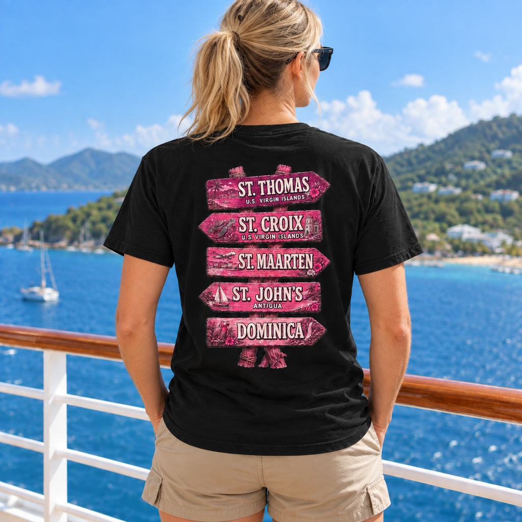 Woman wearing Southern Caribbean List T-shirt in Black, back view