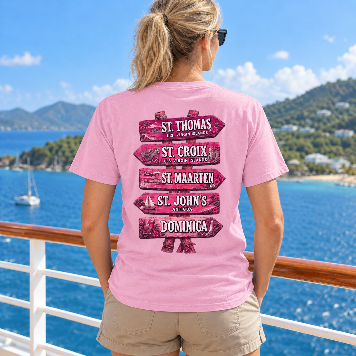 Woman wearing Southern Caribbean List T-shirt in Blossom, back view