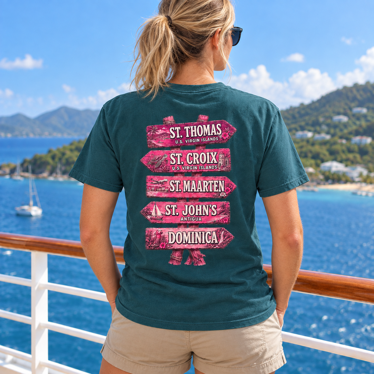 Woman wearing Southern Caribbean List T-shirt in Blue Spruce, back view