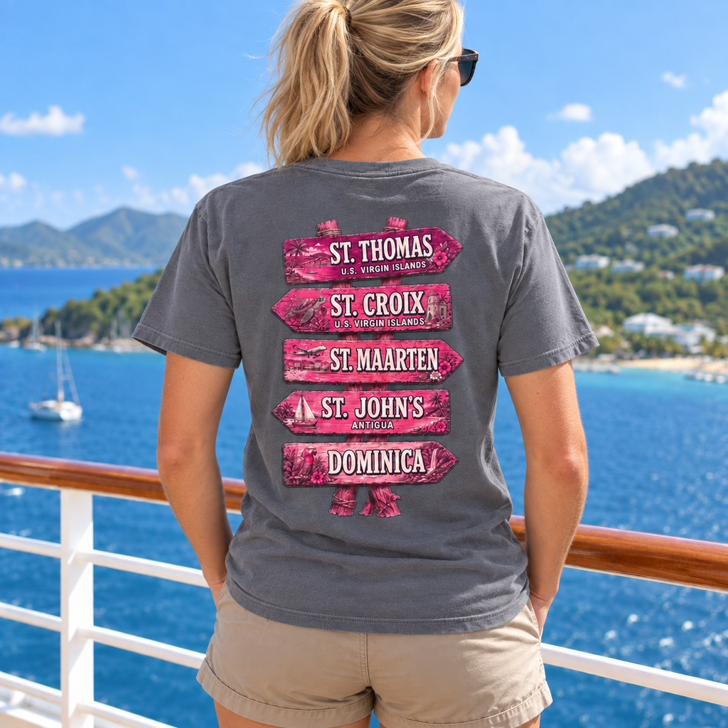 Woman wearing Southern Caribbean List T-shirt in Grey, back view