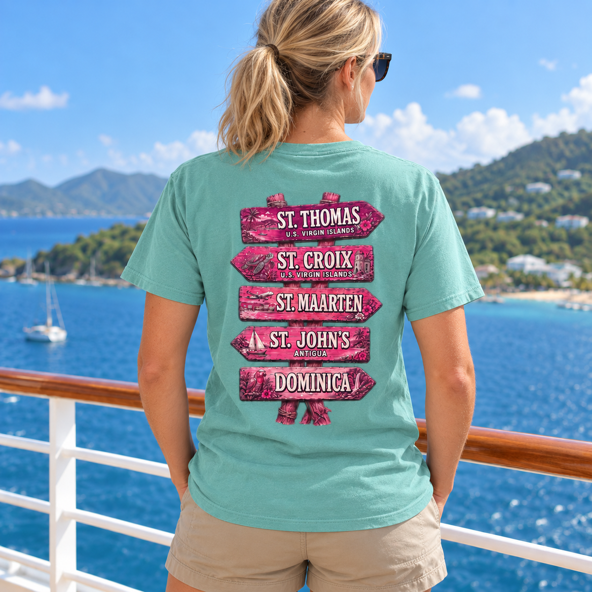 Woman wearing Southern Caribbean List T-shirt in Seafoam, back view