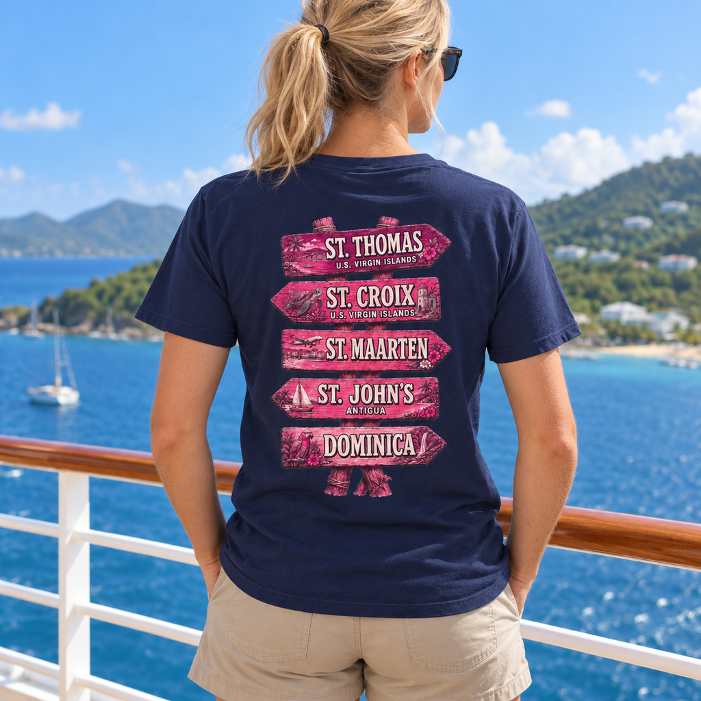 Woman wearing Southern Caribbean List T-shirt in True Navy, back view