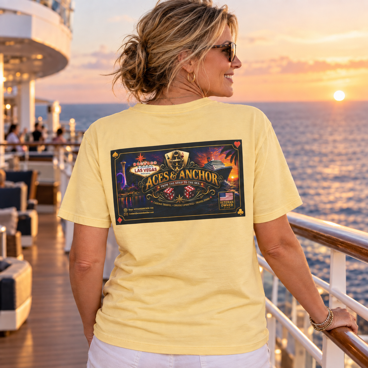 Female model wearing Banana Aces & Anchor From the Strip to the Sea T-shirt, back view