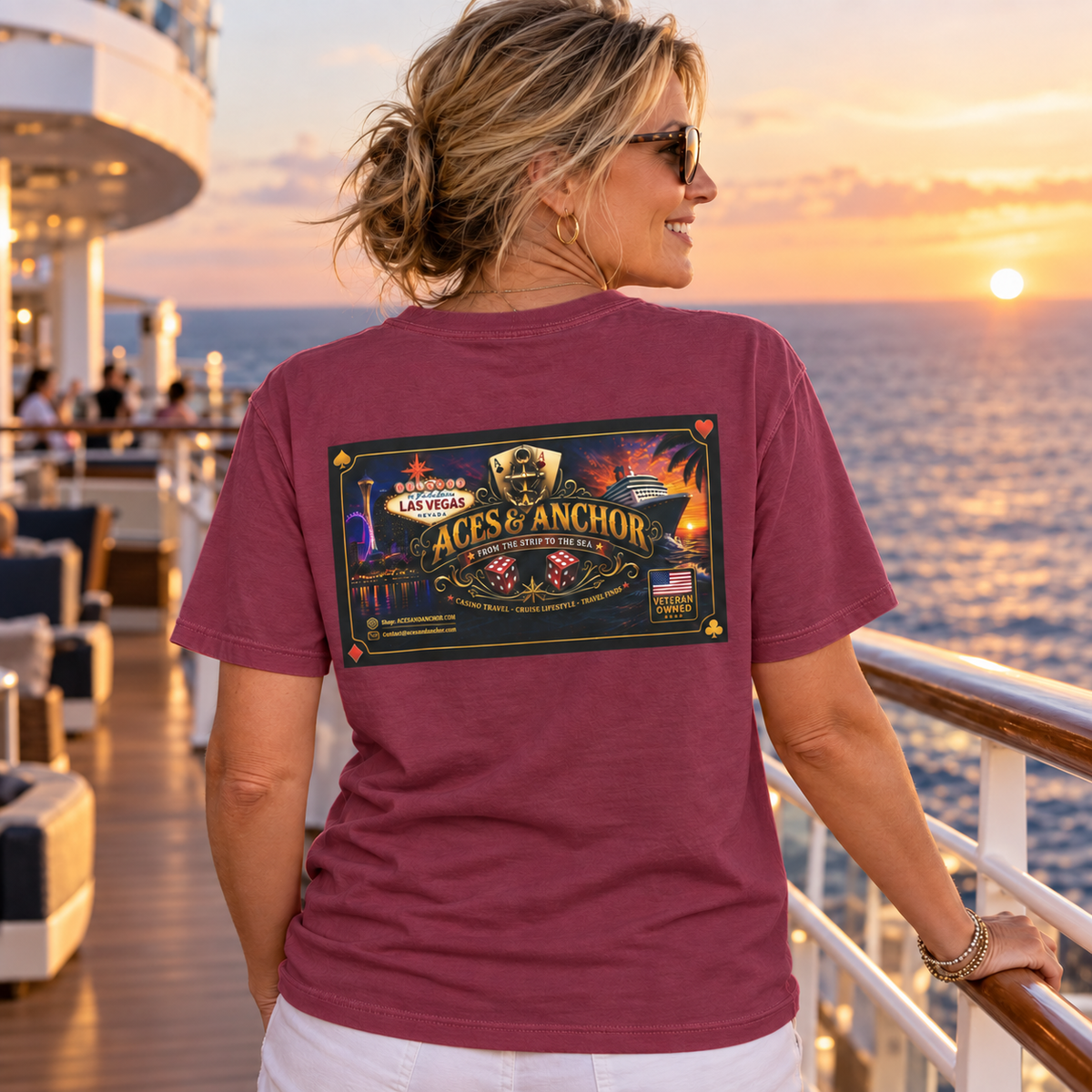 Female model wearing Berry Aces & Anchor From the Strip to the Sea T-shirt, back view