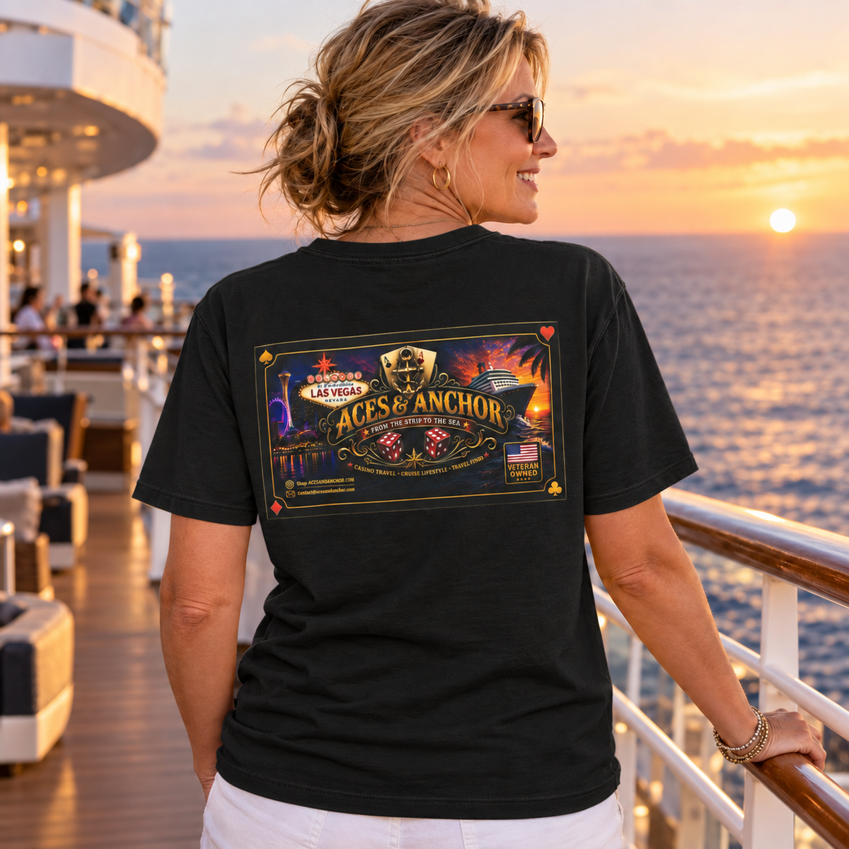 Female model wearing Black Aces & Anchor From the Strip to the Sea T-shirt, back view