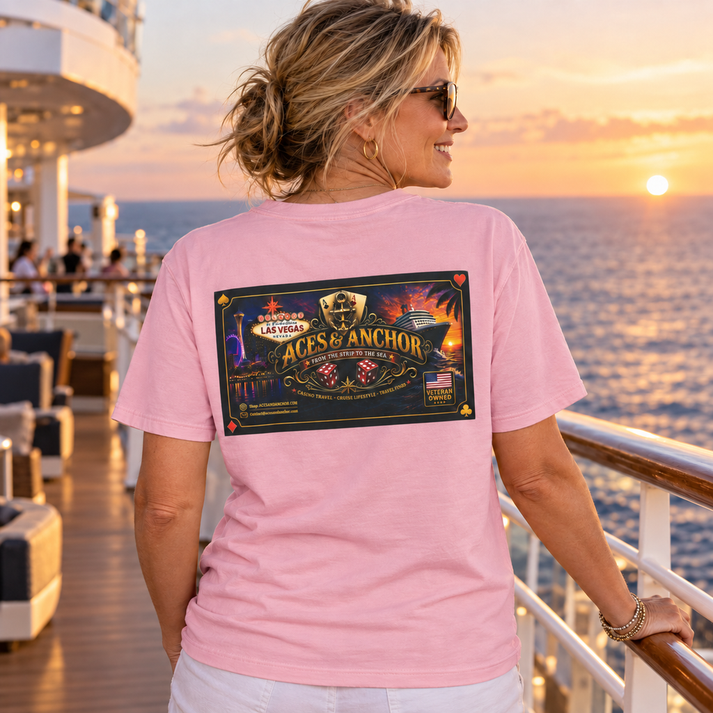 Female model wearing Blossom Aces & Anchor From the Strip to the Sea T-shirt, back view