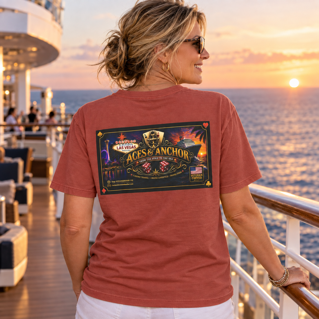 Female model wearing Brick Aces & Anchor From the Strip to the Sea T-shirt, back view