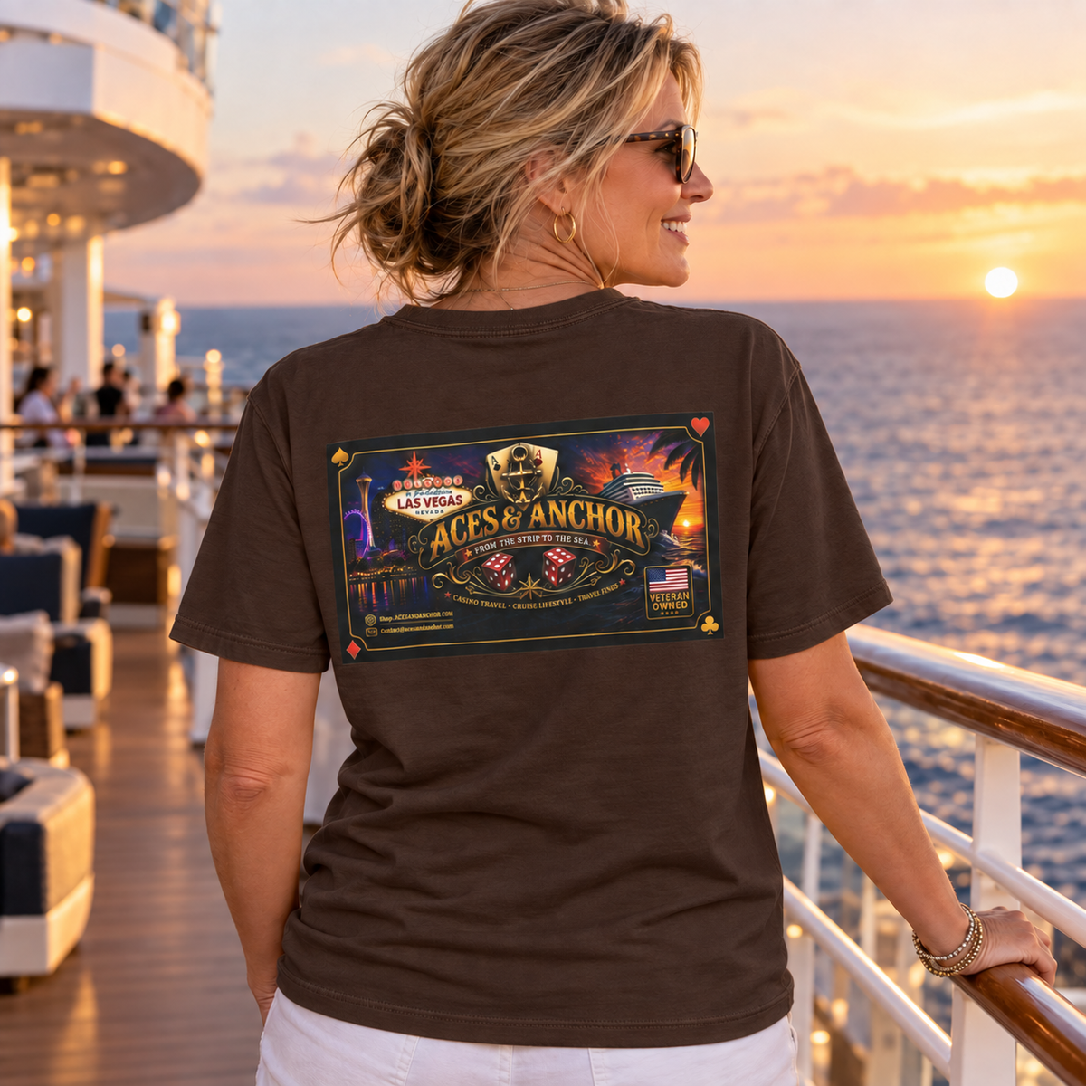 Female model wearing Espresso Aces & Anchor From the Strip to the Sea T-shirt, back view
