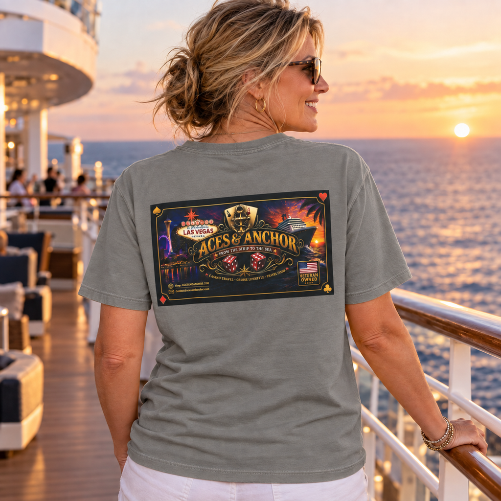Female model wearing Grey Aces & Anchor From the Strip to the Sea T-shirt, back view