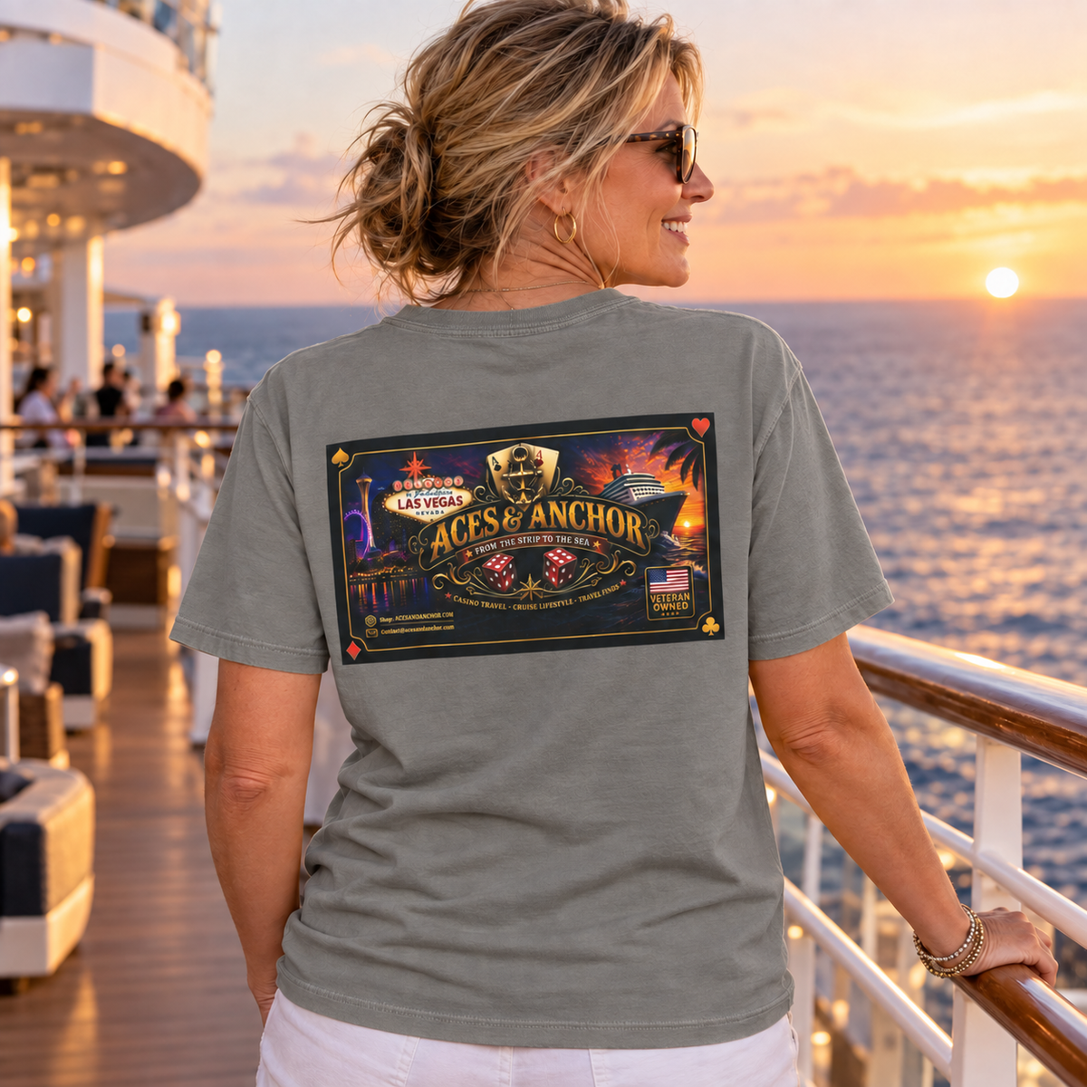 Female model wearing Grey Aces & Anchor From the Strip to the Sea T-shirt, back view