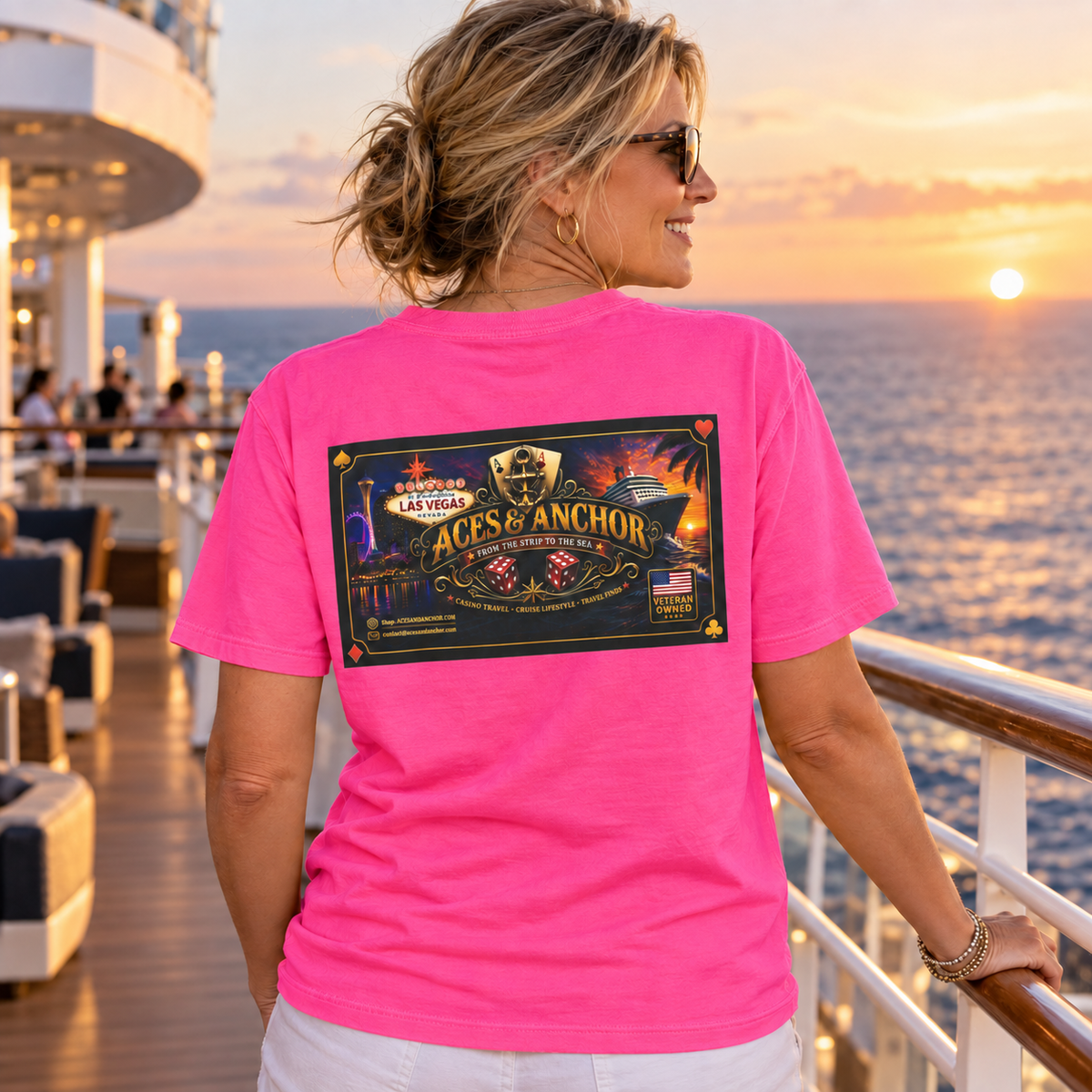 Female model wearing Neon Pink Aces & Anchor From the Strip to the Sea T-shirt, back view